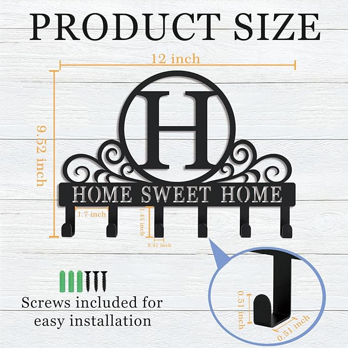 Metal Letter H Key Holder for Wall, Monogram Coat Rack Wall Mount, Key Hooks Perfect for Bathroom, Living Room, Kitchen, Office Ideal Wedding, Anniversary, Housewarming Gift (H)