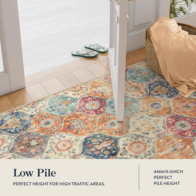 Lahome Moroccan Trellis Washable Rug, 2x3 Kitchen Rugs for Entryway Bathroom, Non-Slip Indoor Door Mat Ultra-Thin, Small Oriental Throw Carpet for Bedroom Entry Elise, Cream/Multi