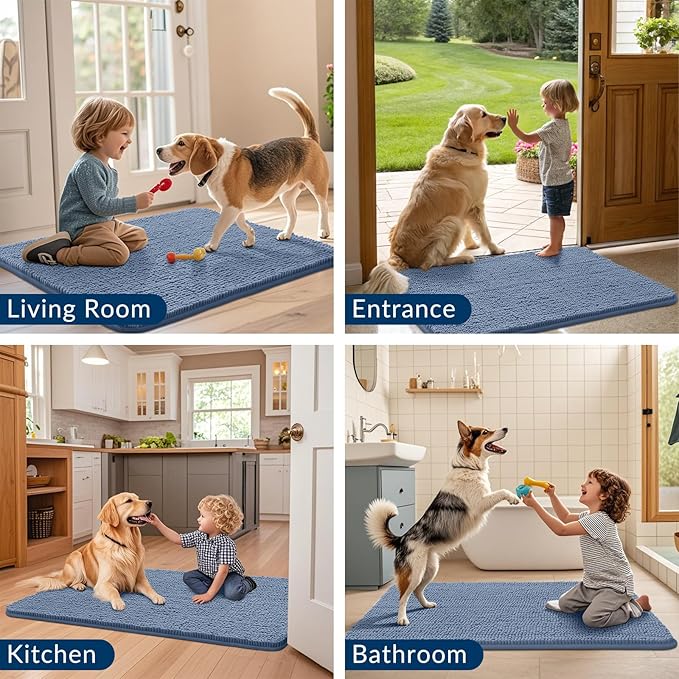 Smiry Dog Door Mat for Muddy Paws 47x20, Absorbs Moisture and Dirt Doormat, Non-Slip Washable Quick Dry Chenille Front Door Mat Indoor Entrance, Entryway Carpet for Inside Floor, Airy Blue