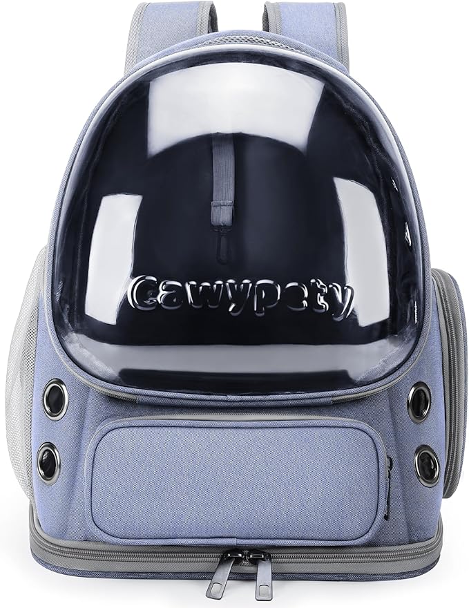 Cawypety Cat Backpack Carrier, Breathable Cat Carrier Large Space Bubble Pet Backpack for Kitty Small Dog up to 12lbs, Transparent & Foldable Pet Carrier for Travel Hiking (Blue