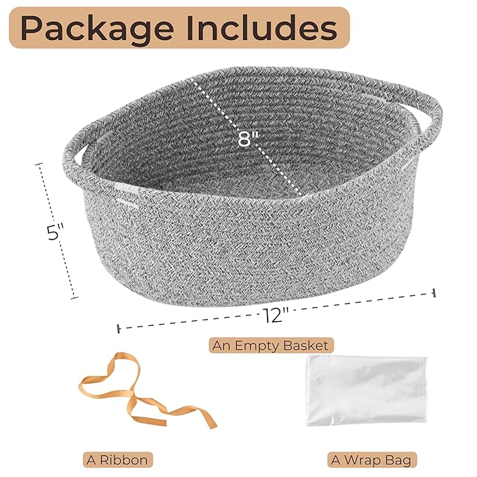 Small Woven Gift Basket Empty with Bag & Ribbon - Gifts for Mom, Baby Shower, Birthdays & Raffle - Cotton Rope Storage Basket for Dog Toys or Shelf - 12"x8"x5", Gray