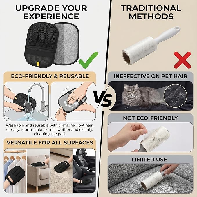 Electrostatic Pet Hair Removal Gloves for Cats & Dogs–Upgraded Reusable Magic Brush Tool for Quick Wiping on Couch, Carpet, Laundry, Car Seat & Pet Beds(3PC-Black