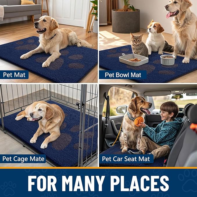 Smiry Dog Door Mat for Muddy Paws, Absorbs Moisture and Dirt, Low-Profile Entryway Mat with Non-Slip Backing, Entry Indoor Outdoor Doormat for Inside Floor (30x20 Inches, Navy Blue, Paw)