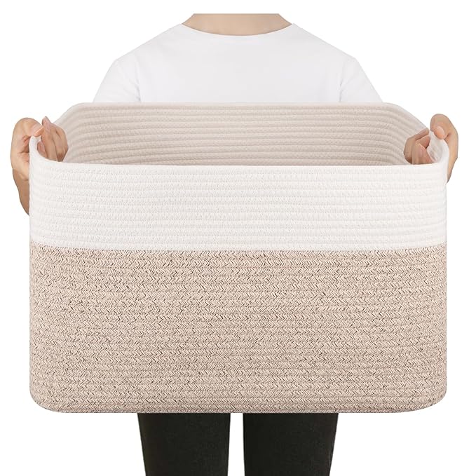 SIXDOVE Blanket Basket, Cotton Rope Woven Storage Basket for Living Room, Toy Bin for Kids, Nursery, Baby Room Decorative Organizer, 18''×14''×12'', Brown & White