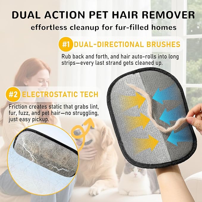 Pet Hair Removal Gloves for Cats & Dogs, Reusable & Washable Electrostatic Pet Hair Remover Gloves Tool, The Magic Brush Pet Hair Remover for Laundry, Couch, Furniture, Carpet, Car Seat Surface (2pcs)
