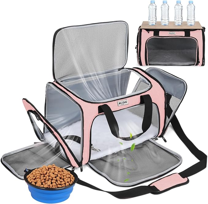 Pet Carrier for Cats & Small Dogs, Travel Carrier with Anti-Collapse Support, Chew Resistant Buckles, Luggage Sleeve, Multi-Pocket Storage, Reversible Mat & Bowl (Pink, Medium (17.5"x11"x11.5"))