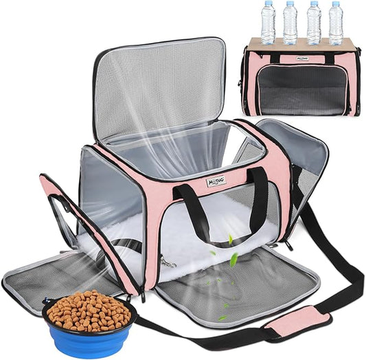 Pet Carrier for Cats & Small Dogs, Travel Carrier with Anti-Collapse Support, Chew Resistant Buckles, Luggage Sleeve, Multi-Pocket Storage, Reversible Mat & Bowl (Pink, Medium (17.5"x11"x11.5"))
