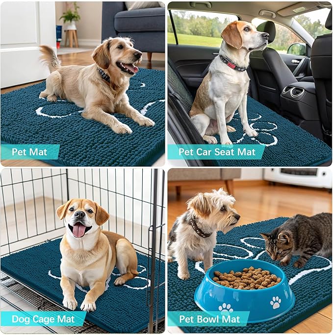 OLANLY Dog Door Mat for Muddy Paws 54x24, Paw Print Design, Absorbs Moisture and Dirt, Absorbent Non-Slip Washable Doormat, Quick Dry Chenille Mud Mat, Entry Indoor Entryway Carpet, Atlantic Blue