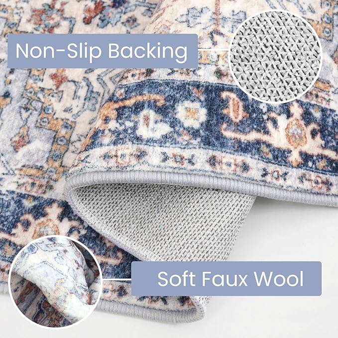 KOZYFLY Runners for Hallways 2x6 Ft Washable Kitchen Runner Rug Boho Runner Rug for Entryway Indoor Printed Oriental Faux Wool Floor Carpet Runner for Bedroom Kitchen Hall, Blue Gray/Cream