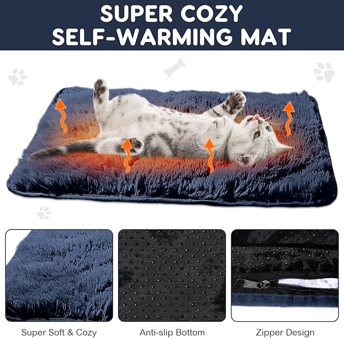 4 Pack Self Warming Cat Pad Self Heating Cat Mat Thick Faux Fur Plush Pet Bed Thermal Washable Dog Mat Anti Slip Bottom for Outdoor Indoor Pets(Navy,16" X 20")