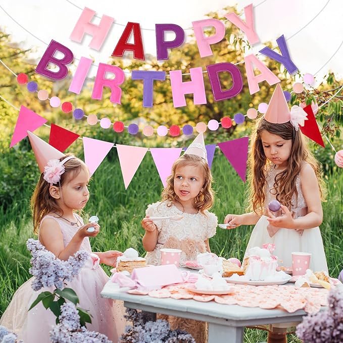 4 Strings Happy Birthday Felt Banner Decoration Pink Birthday Sign Garland Reusable Bunting Banner Pom Pom Hanging Garland Backdrop Wall Decor for Girls Boys Bday Party Supplies Decor