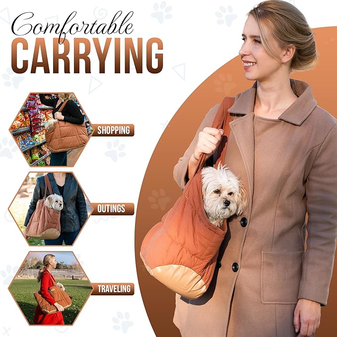 NoblePup Plush Dog Purse Carrier for Small Dogs, Soft Dog Tote Bag with Safety Harness Clip, Cozy Pet Carrier for Dogs Under 15 lbs, Comfortable Dog Shoulder Carrier for Travel, Brown