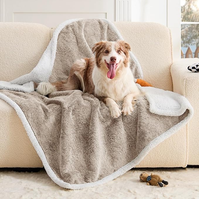 Dog Blanket Waterproof, Reversible Faux Fur & Sherpa Pet Throw for Couch & Sofa Protection, Soft Plush Dog Blankets for Large Dogs, 50"x60", Brown