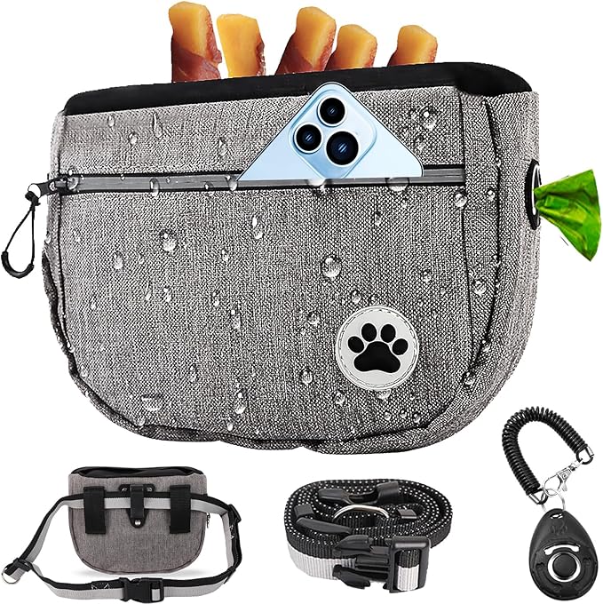 Large 6 Cup Dog Treat Pouch with Clicker,Treat Pouches for Pet Training,Crossover Self-Closing Bag,Built-in Poop Bag Dispenser, 46“ Free hands Waist Belt for Walks/oxford Fabric/double pocket(Grey)
