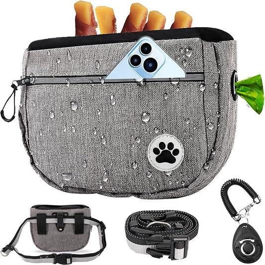 Large 6 Cup Dog Treat Pouch with Clicker,Treat Pouches for Pet Training,Crossover Self-Closing Bag,Built-in Poop Bag Dispenser, 46“ Free hands Waist Belt for Walks/oxford Fabric/double pocket(Grey)