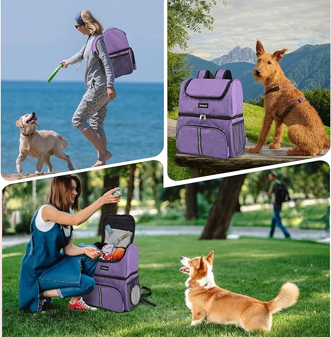 Txinrbaod Dog Travel Bag Airline Approved Pet Supplies Backpack with 2 Food Container Dog Bags for Traveling Camping Hiking Purple