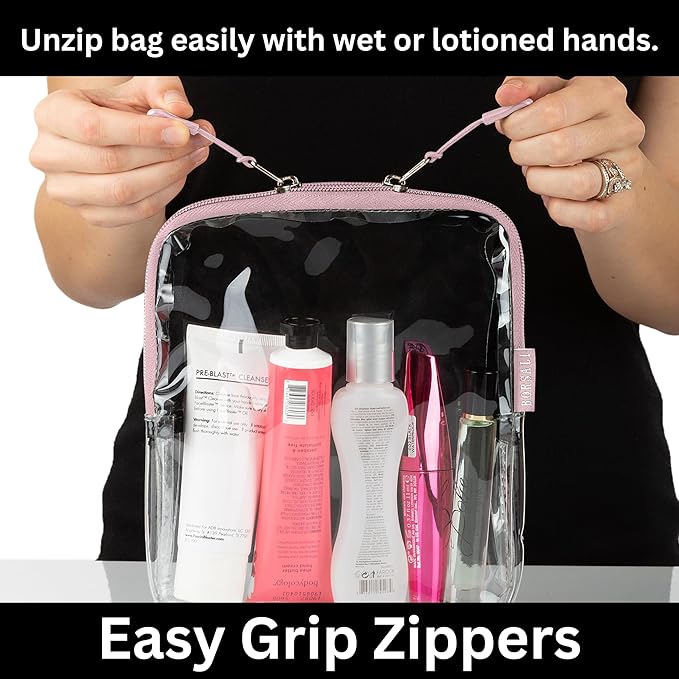 BORSALI TSA Approved Toiletry Bag - Clear Quart Size for 3-1-1 Carry On Travel - Makeup Organizer Cosmetic Pouch with Zipper - Travel Accessories - Rose