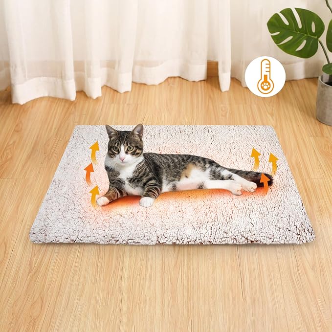 Buvlnee Self Warming Cat Bed Mat, Self Heating Mat for Dog, Extra Warm Thermal Pet Pad with Non-Slip Bottom, Removable Washable Cover for Indoor Outdoor Non Electric (Khaki, 18x24in)