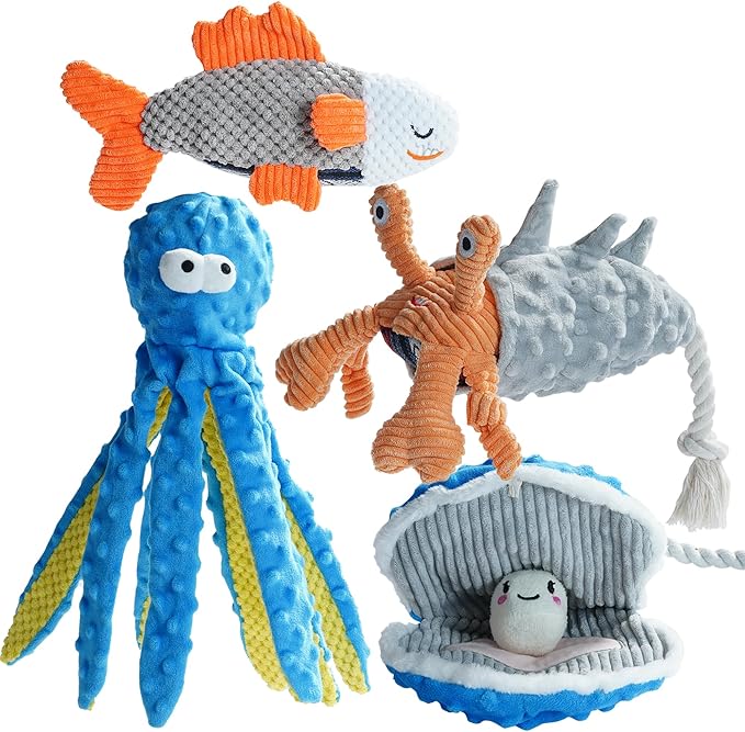 Nocciola 4 Packs Crinkle Squeaky Dog Toys for Aggressive Chewers, Tough Durable Stuffed Plush Rope Tug Puppy Chew Toy for Small Medium Large Breeds