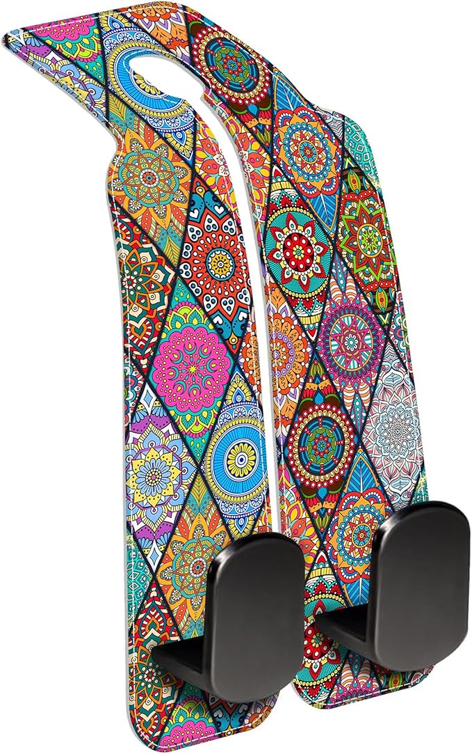AEWNUNK Purse Hook for Car Vintage Boho Mandala Flowers 1 Pack Headrest Back Seat Hook Premium Leather Double Metal Hanger Storage Pack Bag Purse Holder Car Accessories