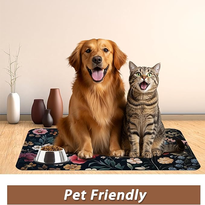 Floral Boho Dog Cat Food Mat,Pink Flower Vintage Absorbent Pet Feeding Mat with Rubber Backing,Non-Slip Water Bowl Placemat,Indoor Pet Accessories Supplies 12"x20"