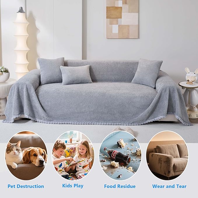 Sherpa Fleece Oversized Couch Cover for 3-4 Cushion Sofa, Grey 71" x 150" - Pet Proof Sofa Covers Heavy Duty Scratch Resistant Pet Friendly Furniture Cover - Easy Install, Machine Washable