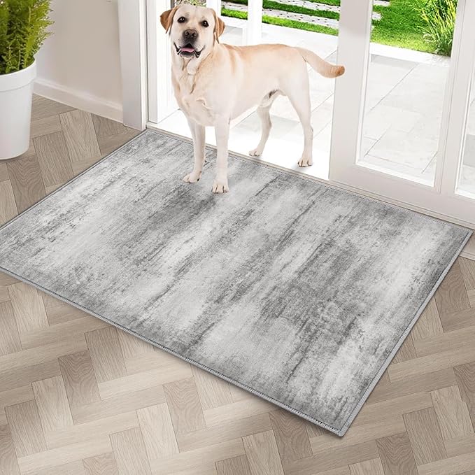 COMSLE Door Mat, Front Door Mat Indoor for Entrance Faux Wool Absorbent Non Slip Modern Throw Rug for Entryway Hallway Muddy Paws - Pet Friendly, 20x32 Inches,Linear Gray Machine Washable