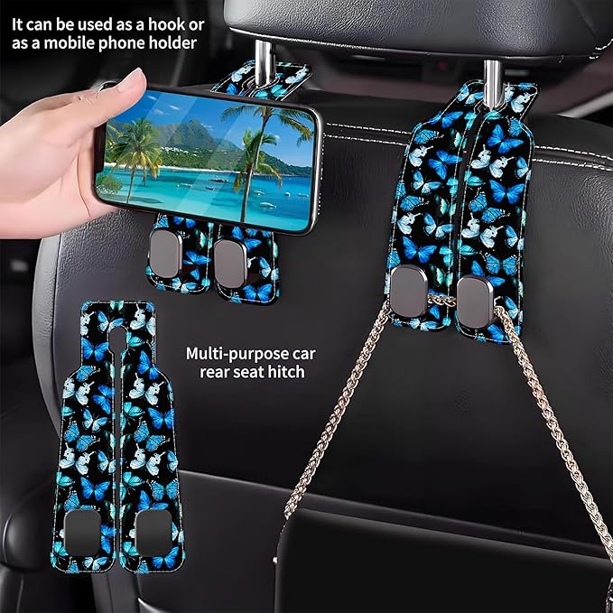 AEWNUNK Purse Hook for Car Watercolor Blue Butterflies 1 Pack Headrest Back Seat Hook Premium Leather Double Metal Hanger Storage Pack Bag Purse Holder Car Interior Accessories