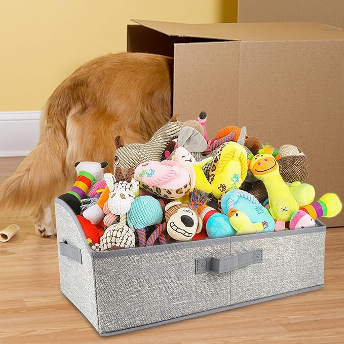 Foldable Pet Toy Storage Box with 3 Handles, Portable Organizer Basket for Dog Toys, Blankets & Accessories, Grey