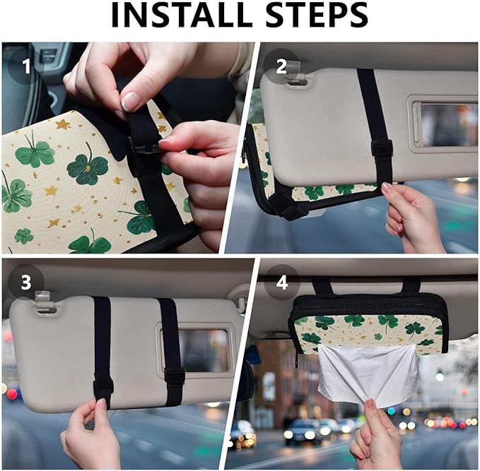 Car Tissue Holder Car Napkin Holder Car Tissue Box Dispenser Storage Case Sun Visor Mask Holder with Adjustable Straps Reusable Refillable Green Clovers and Stars