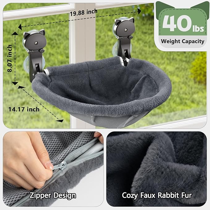 JUNSPOW Cat Window Perch Cordless, Foldable & Stable Cat Beds- Breathable Cat Window Hammock for Overlooking, Sunbathing and Climbing - Maximum Hold Up to 40lb