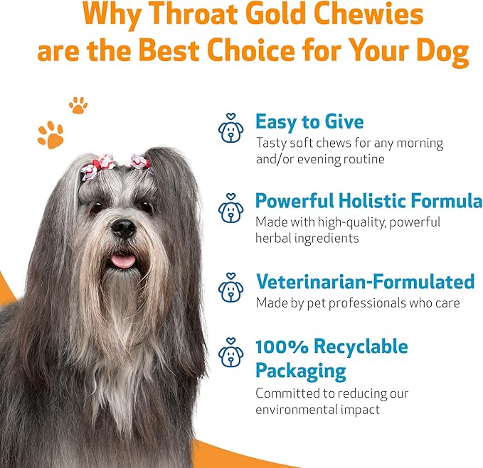 Pet Wellbeing Throat Gold Chewies for Dogs - Vet-Formulated Upper Respiratory Support - Convenient Chewies for Throat Comfort & Occasional Cough - Holistic Herbal Dog Supplement - 90 Count