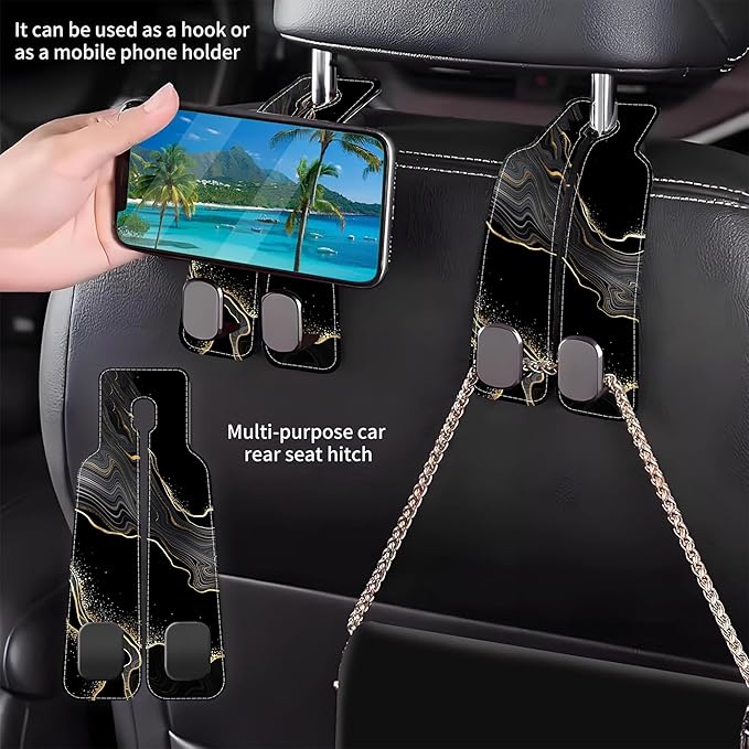 AEWNUNK 1 Pack Car Seat Headrest Hooks for Purses Abstract Black Golden Marble Bag Purse Holder for Car with Double Metal Hooks Car Purse Hanger Hanging Accessories