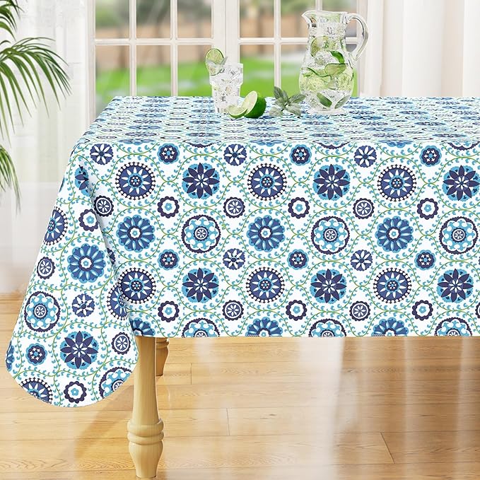 misaya Rectangle Waterproof Vinyl Table Cloth, Wipeable Tablecloth with Flannel Backing, Plastic Table Cover for Dinner, Picnic, Indoor and Outdoor (Navy Mandala, 52" x 70")
