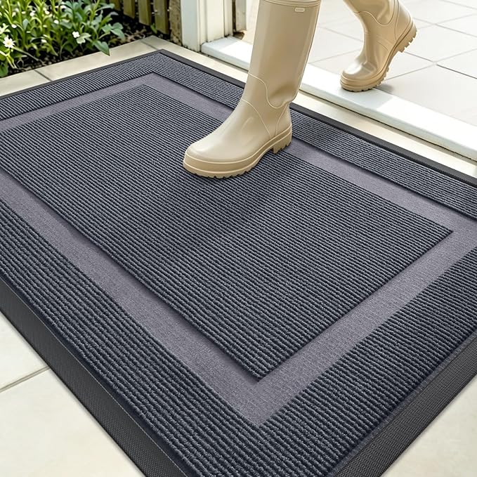 OLANLY Front Door Mat Indoor Outdoor Entrance, Waterproof All-Season, All-Weather Doormat, Sturdy Natural Rubber, Fade Resistant, Low Profile, Easy Clean Patio Porch Entryway Mat, 35x23, Light Grey
