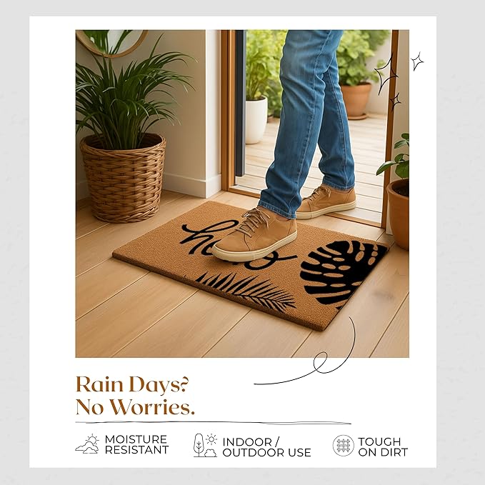 COCONIQ Coir Door Mats 17" X 30", Non-Slip Sturdy, PVC Backed Heavy Duty, Easy to Clean, Ideal for Door Entrance, Patio, Porch, Backyard, Garages, Hello - Black Leaves