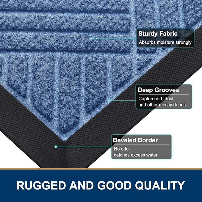 Smiry Front Door Mat Outside Entrance, Heavy Duty Outdoor Indoor Mat, Natural Rubber Doormat, Non Slip, Trap Dirt and Moisture, Easy Clean, Low Profile Patio Porch Entryway Mat, 47x32, Blue