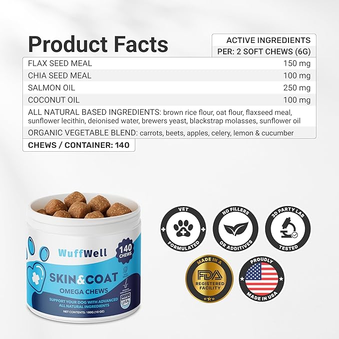 Omega 3 Fish Oil for Dogs Chews – Skin and Coat Supplement with Salmon Oil for Dogs – Allergy & Itch Relief, Dog Shedding and Dry Skin Support – Vet Approved – Made in USA – 140 Soft Chews