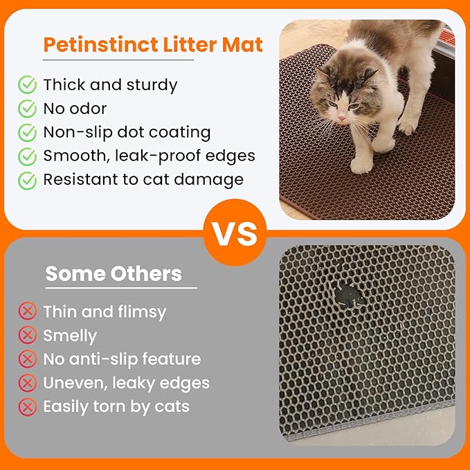 Petinstinct Extra Large Cat Litter Mat, 30x22 Inches Honeycomb Double Layer Cat Litter Trapping Mat, Non Slip Waterproof Urine Proof Large Kitty Litter Box Mat for Floor, Kitten Supplies, XL, Brown