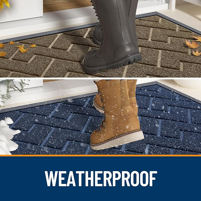 OLANLY Front Door Mat Indoor Outdoor Entrance, Waterproof All-Season, All-Weather Doormat, Sturdy Natural Rubber, Low Profile, Easy Clean Patio Porch Entryway Mat, Herringbone Brick (Beige, 71x23)