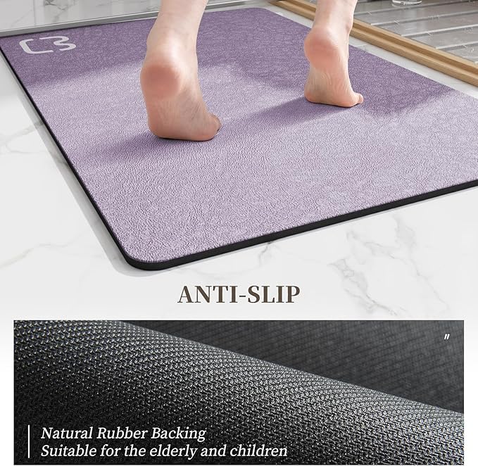 2 Piece Bathroom Rugs Mat Set - Quick Dry Diatomaceous Earth Bath Mat for Bathroom Non-Slip Bath Rug with Rubber Backing, Absorbent Bath Mat Thin Bath Floor Mat, 15.7x23.6+15.7x47.2 Inch, Lavender