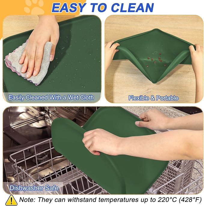 Silicone Pet Feeding Mat with Raised Edge for Food and Water, Dog Bowl Mats, Cat Bowls Placemat with High Lip for Floor Waterproof, Rubber Tray for Cats and Dogs 19 x 12 x0.7 Dark Olive