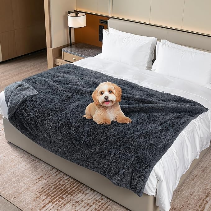 Wowchine Calming Cat Blanket for Bed 85x57in Couch Sofa Cover Grey Waterproof Dog Blankets for Large Dogs Washable Long Faux Fur Pet Throw Blanket for Puppy Reversible Furniture Protector, (Gray XL)