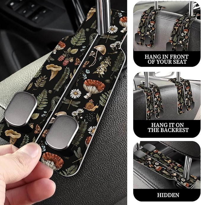 PU Leather Car Seat Hook, Storage Headrest Hanger, Cute Car Backseat Organizer, Car Hooks for Purses and Bags Mushroom Forest