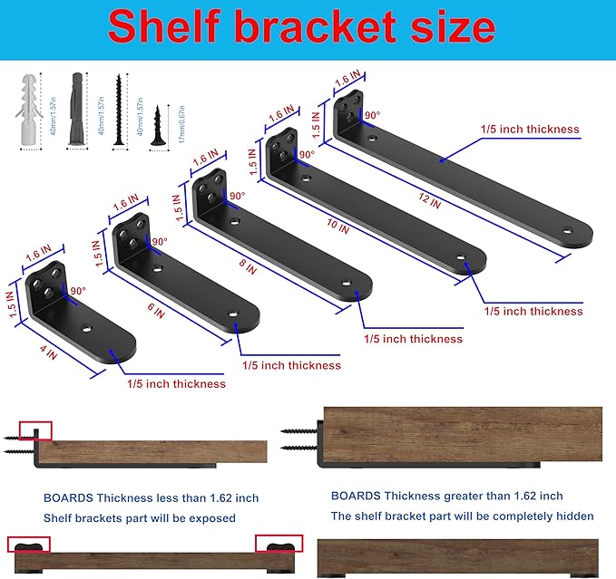 Floating Shelf Bracket, 6 Inch 4PACK Black Heavy Duty Shelf Bracket,Hidden Shelf Brackets 1/5 in Thick,L Brackets Support for Shelves,Suitable for Kitchen, Study Or DIY,Holds Over 160lb+