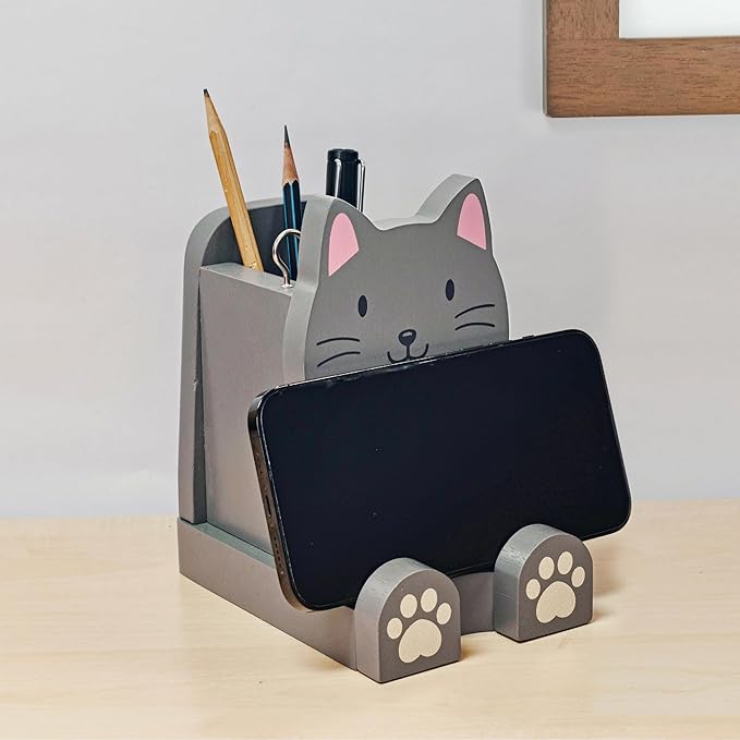 I'm Solid Wood Multipurpose Eyeglass Phone Pen & Pencil Holder Stand Stationery Desk Box Organizer Accessories Decor,Home Office Desktop Decoration Birthday Graduation Gifts for Cat Lovers (Kitty)