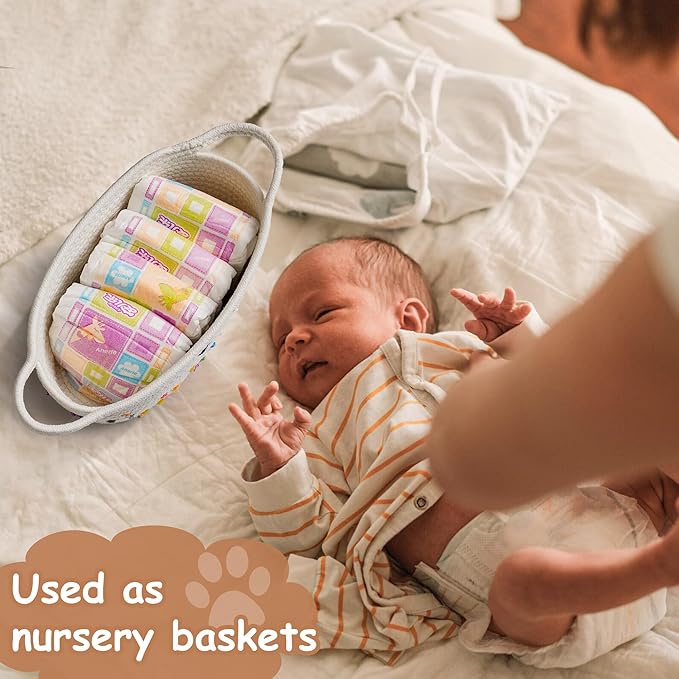 Small Woven Baskets for Organizing Rope with Handle Cute Cotton Basket for Nursery Gift Dog Cat Toy Storage Basket for Toy Organizer-White