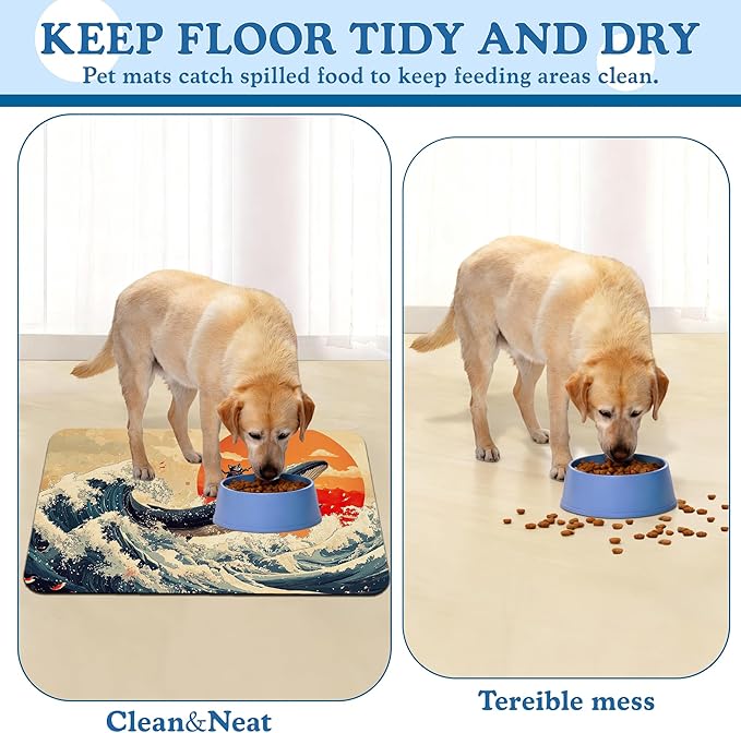 Wave Cat Dog Food Mat,Christmas Stocking Ukiyo-e Whale Absorbent Quick Dry Feeding Placemat for Food and Water Bowls, Non Slip Rubber Backing, Waterproof Pet Supplies for Mess-Free Eating 16"x24"