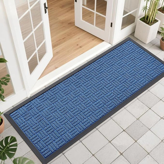 OLANLY Front Door Mat Outside Entrance 47x17, Absorbent, Heavy Duty Sturdy Natural Rubber Doormat Indoor Outdoor, Non-Slip, Stain and Fade Resistant, Low Profile Floor Mat for Entryway, Ocean Blue