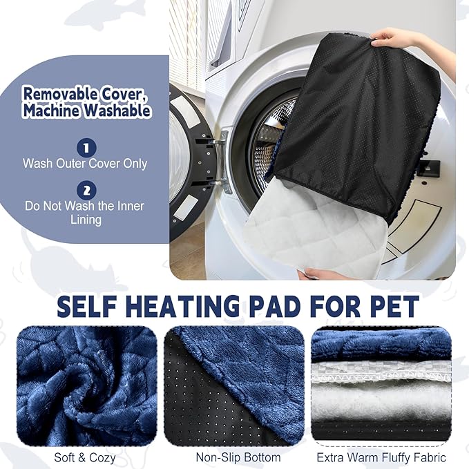Drydiet 4 Pack Self Heating Cat Pad 16 x 20 Inch Self Warming Cat Bed Non Slip Warm Dog Pad Mat Washable Pet Kennel Crate Bed Mat for Indoor Outdoor Pets(Navy Blue,16 x 20 Inch)